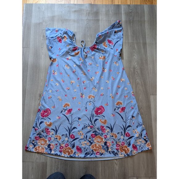 Vintage Blue Floral Nightgown With Flutter Sleeves & Tie Neckline 2x - Picture 4 of 6